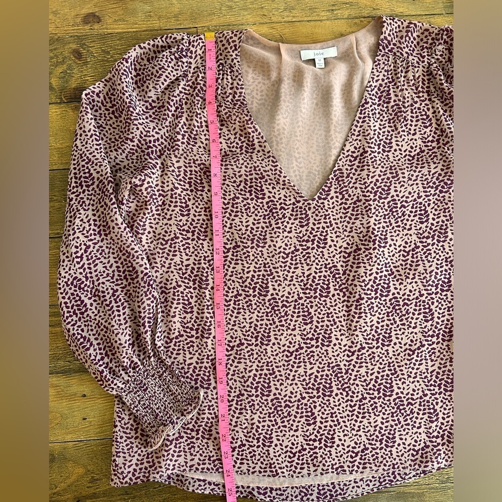 JOIE Bolona 100% Silk Puff-Sleeve Blouse in Tan and maroon - Picture 15 of 15